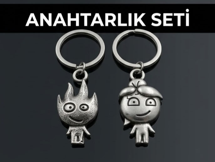 Nostaljik Ateş ve Su Figürlü İkili Çift & Arkadaşlık Anahtarlık Seti